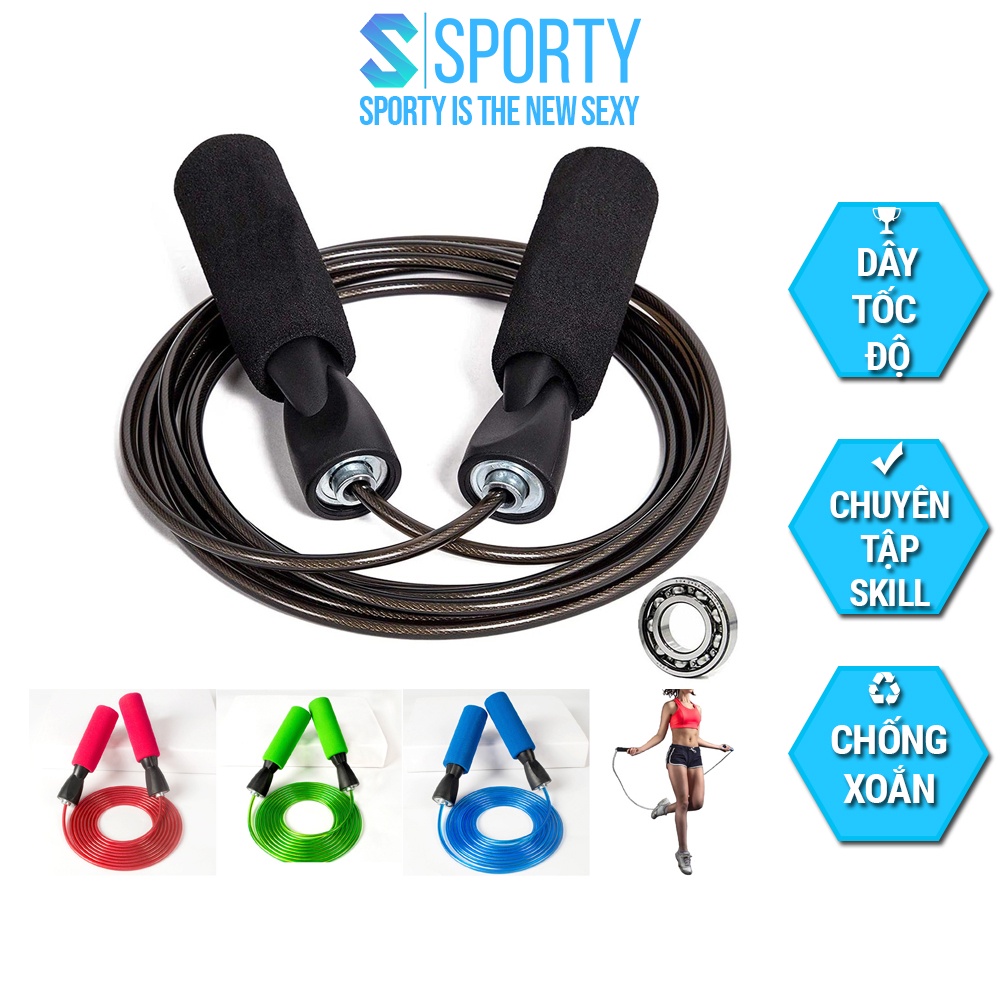 Dây nhảy thể thao SPORTY TS1 lõi dây PVC 6mm, tay nắm bọt xốp thoáng khí tập Gym, boxing