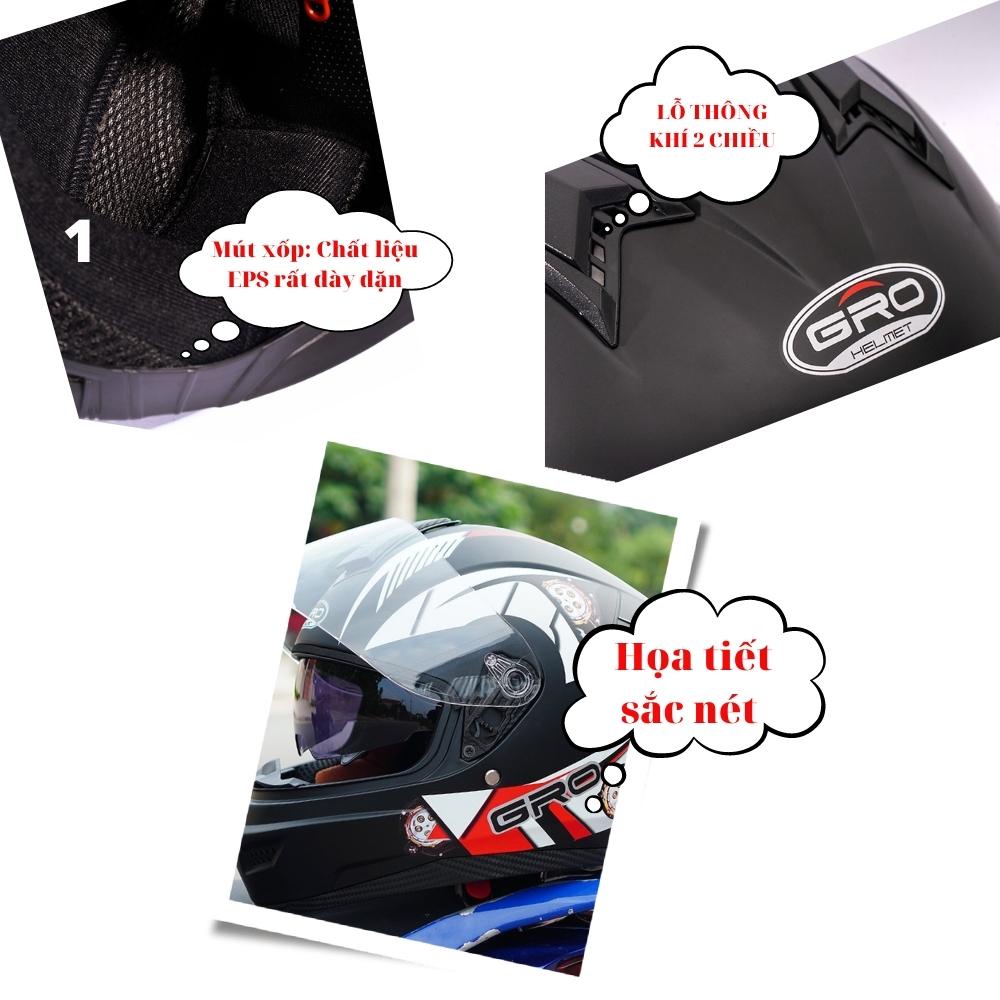 Mô tả Mũ bảo hiểm FullFace GRO HELMET ST26 chuyên phượt 2 kính, an toàn, hiện đại, Freesize vòng đầu từ 56-59cm - 2