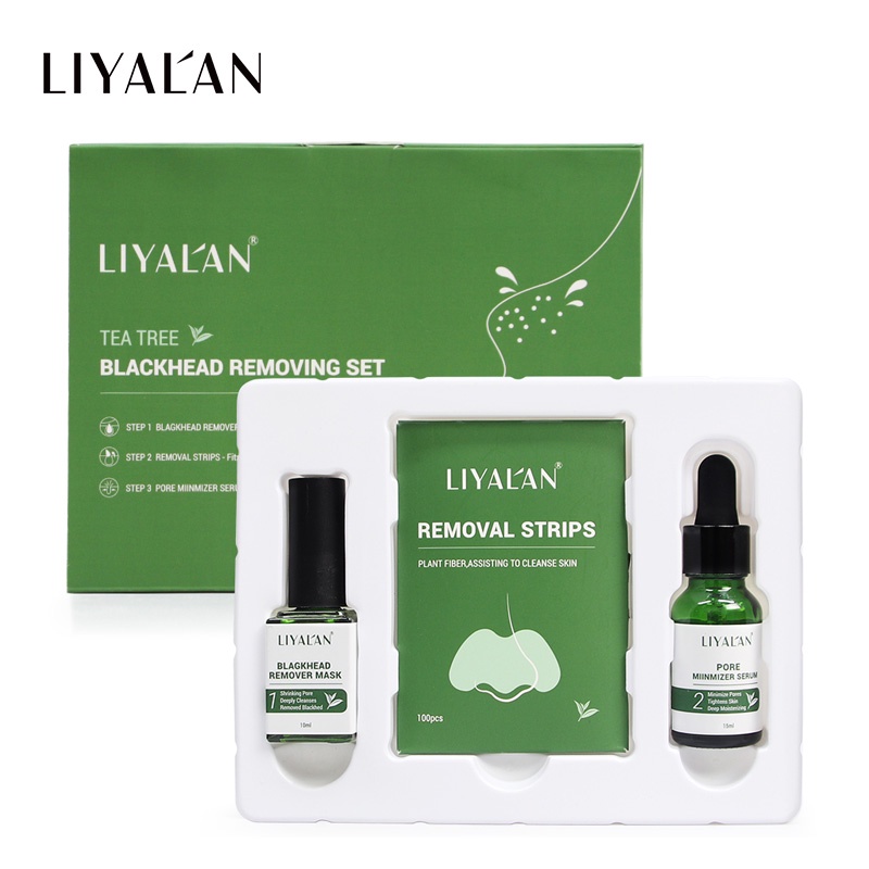 LIYALAN  3 In 1 Blackhead Clean Kit Tea Tree Oil Shrink Purify Repair Face Serum