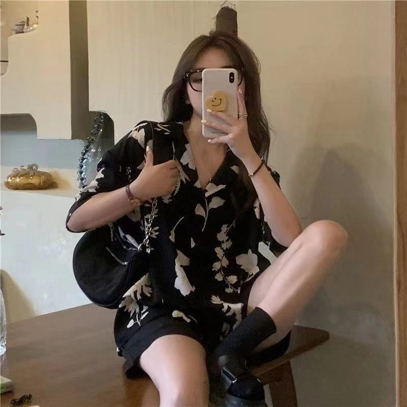 SUXI Áo sơ mi nữ tay ngắn dáng rộng in họa tiết thời trang cá tính trẻ trung kiểu Hàn Quốc