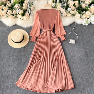 Đầm voan dài tay xếp ly thời trang Hàn Quốc dành cho nữ