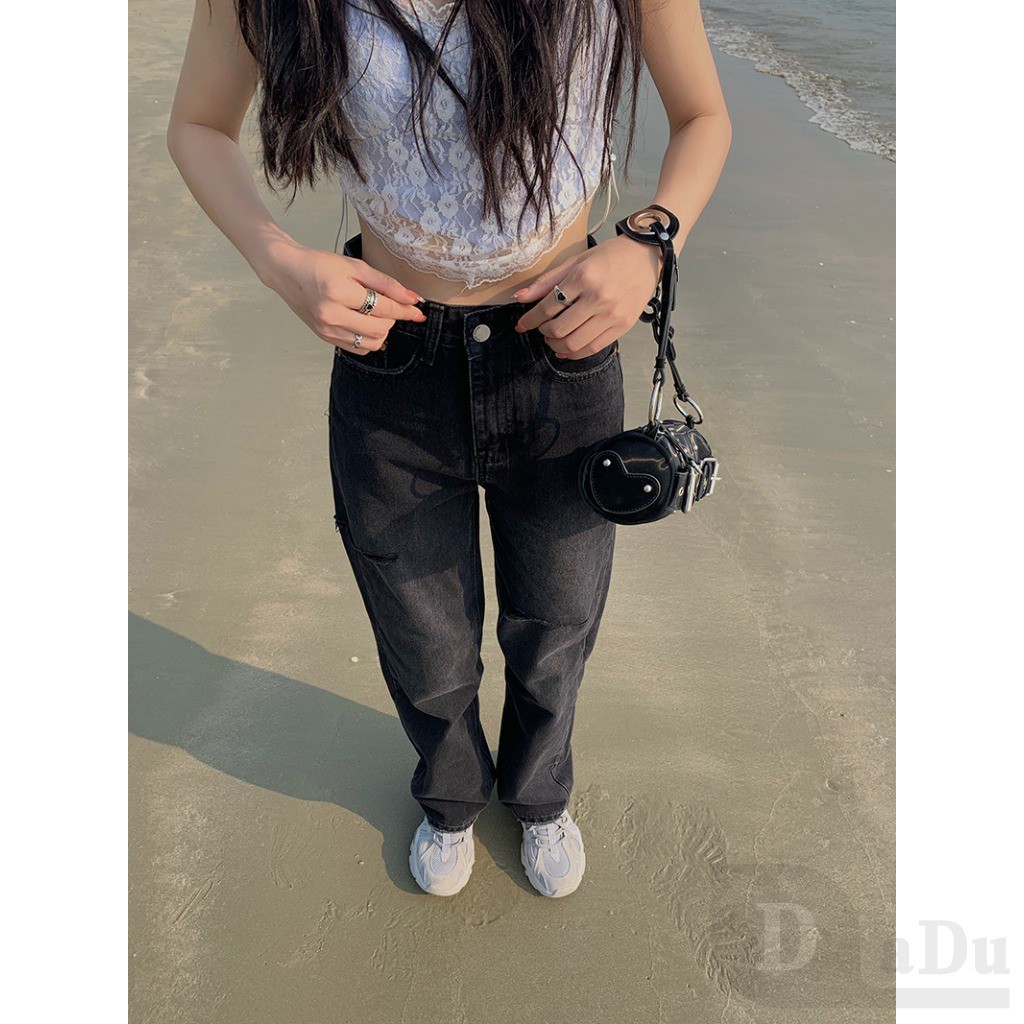 Ảnh Quần Jeans Nữ Lưng Cao Ống Rộng Cá Tính 2