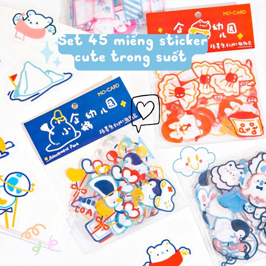 Sticker cute trong suốt giá rẻ set 45 miếng dán trang trí sổ mũ bảo hiểm bình nước điện thoại PET chống nước HD129-K51