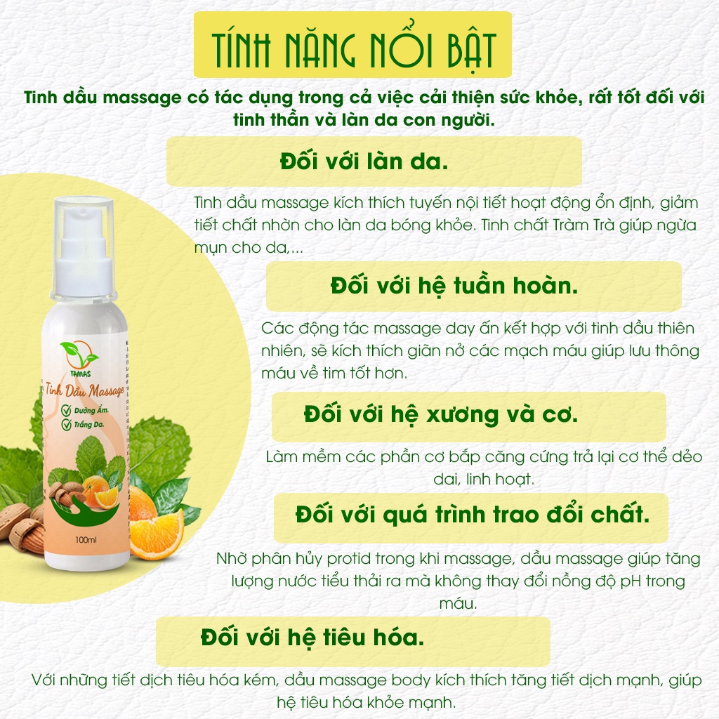 Ảnh Tinh dầu massage TAMAS, giúp dưỡng ẩm, sáng da, tạo độ đàn hồi, trẻ hóa làn da, giúp da mịn màng chắc khỏe, ... 2