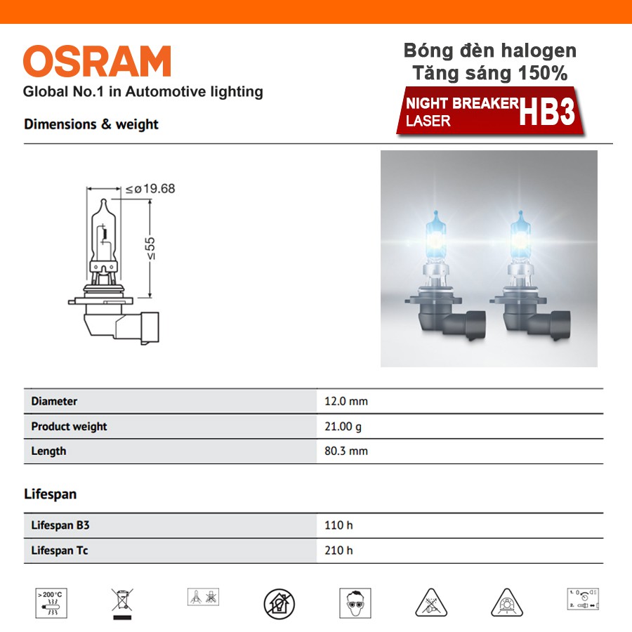 Combo 2 Bóng Đèn Halogen Tăng Sáng 150% OSRAM Night Breaker Laser HB3 12V 60W