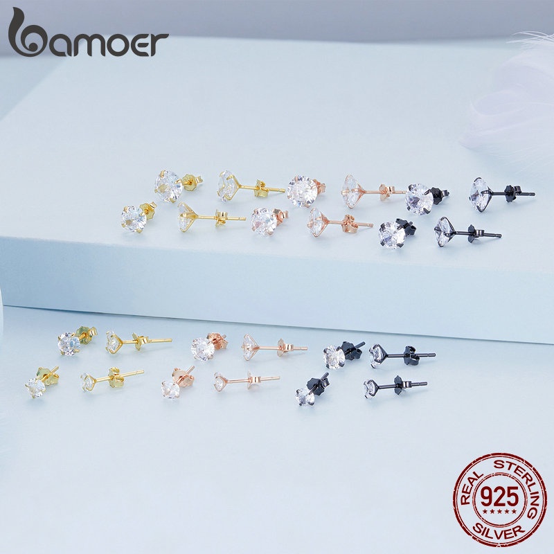 BAMOER 1 Đôi Bông Tai bạc 925 Đính Đá zircon Đơn Giản Thời Trang