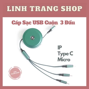 Cáp Sạc 2.4A Dây Cao Su, Cuộn Tròn 3 Đầu Lighting, Micro, Type C (Chỉ Sạc, Không truyền Dữ Liệu)