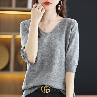 Mùa Xuân Mùa Hè Cổ Chữ V Chui Đầu Giữa Tay Đáy Áo Sơ Mi Nữ Phong Cách Hàn Quốc Thời Trang Rời Dệt Kim Áo Len Áo Thun Nữ Top Mỏng Phong Cách