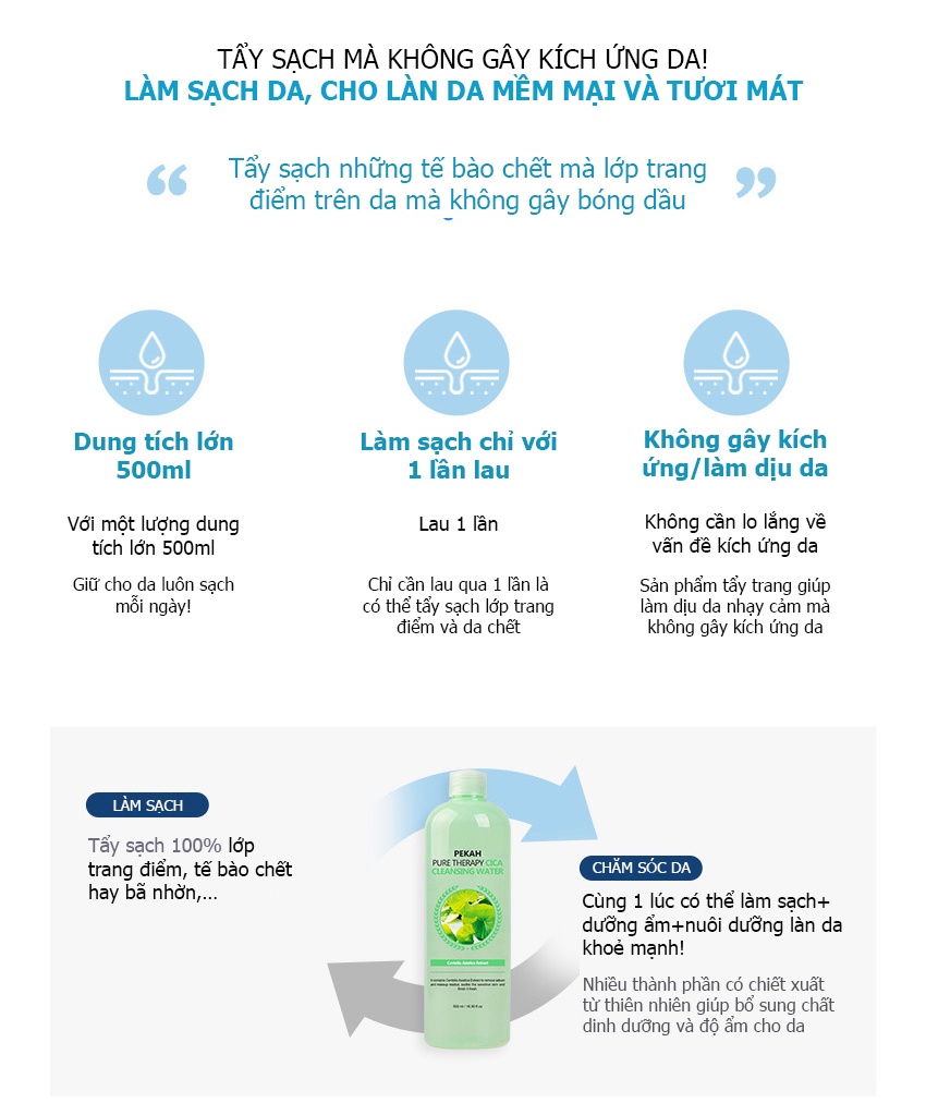 Mô tả Nước tẩy trang rau má PEKAH ngăn ngừa cải thiện da mụn Pure Therapy Cica Cleansing Water 500ml - 1