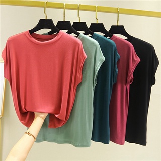 Áo thun nữ Modal Cotton cổ tròn Áo màu xám dáng rộng Áo thun không tay cỡ lớn Plus Size