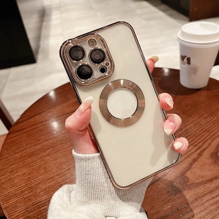 Ốp lưng silicon trong suốt sang trọng cho iphone 13 12 11 pro max có bảo vệ ống kính cho vỏ sạc không dây từ tính