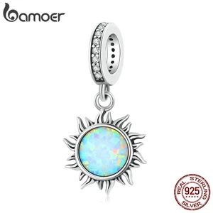 Hạt phụ kiện Bamoer Scc2005 bằng bạc 925 hình mặt trời đính đá opal làm vòng tay và dây chuyền DIY lỗ xỏ 4.5mm