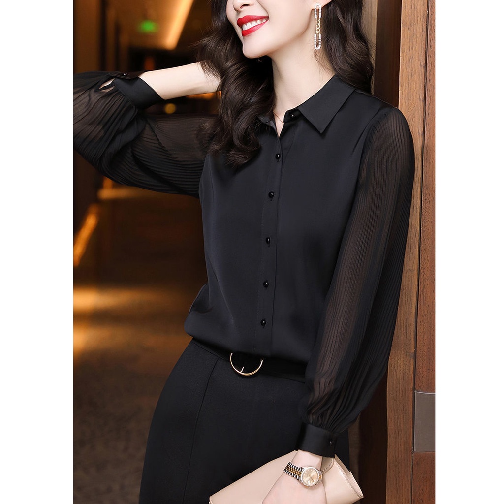 Áo sơ mi nữ dài tay màu đen trơn dành cho nữ Áo sơ mi voan công sở
