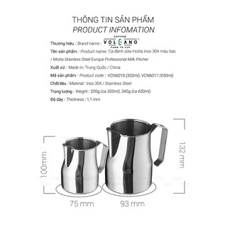 Volcano Ca đánh sữa Motta màu bạc Inox 304 mũi tròn
