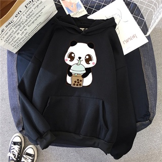 Áo Hoodie Nam Nữ form rộng gấu trúc uống trà sữa cute