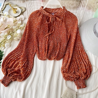 Phong cách hàn quốc nữ voan hoa dài tay áo baju baju wanita lengan panjang