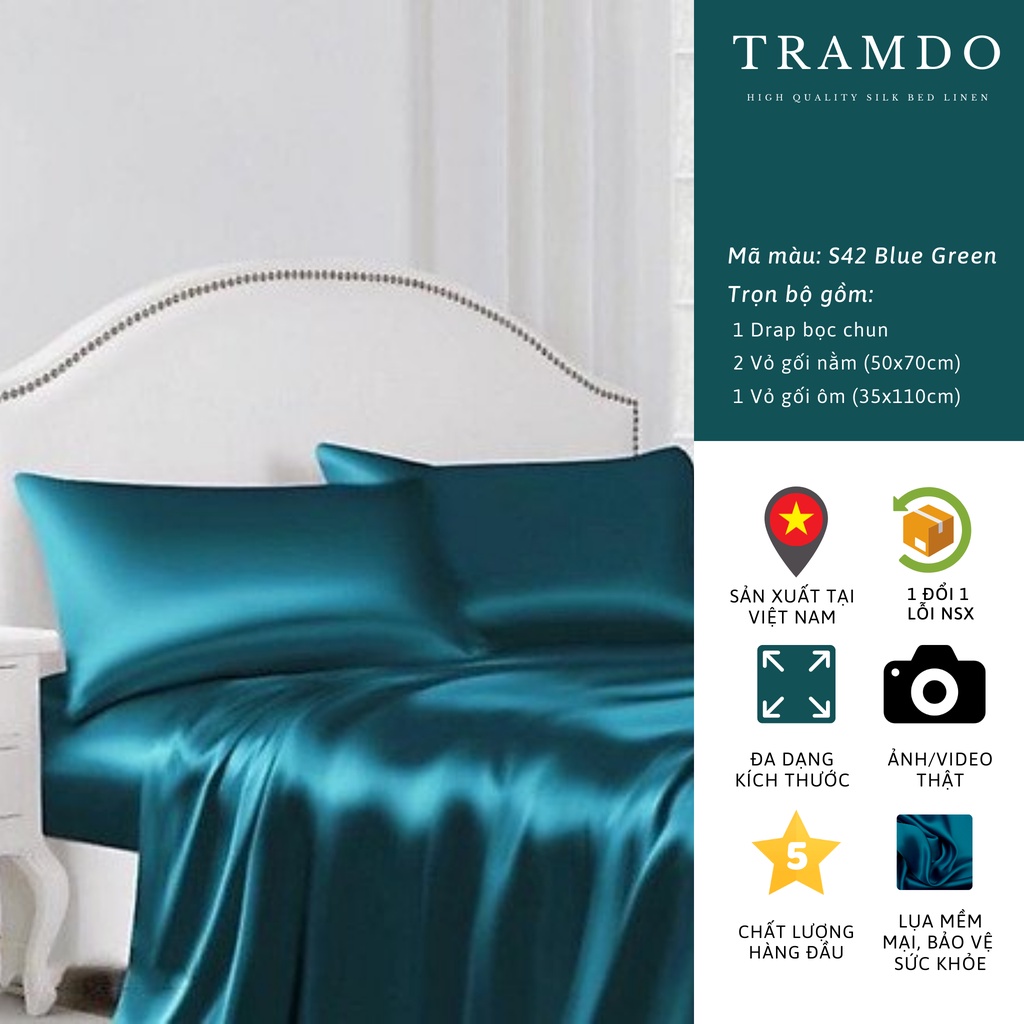 Ảnh Bộ Chăn Ga Gối Lụa Cao Cấp NITE9SILK TRAMDO BEDDING Màu Xanh Cổ Vịt 2