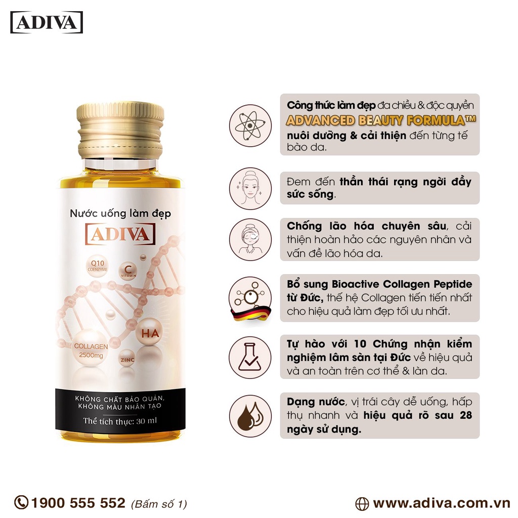 Ảnh Combo 2 Hộp Nước Uống Làm Đẹp Collagen ADIVA Tem Trắng (28 Chai)- Giúp Làn Da Săn Chắc, Ảm Mịn Và Căng Bóng 4