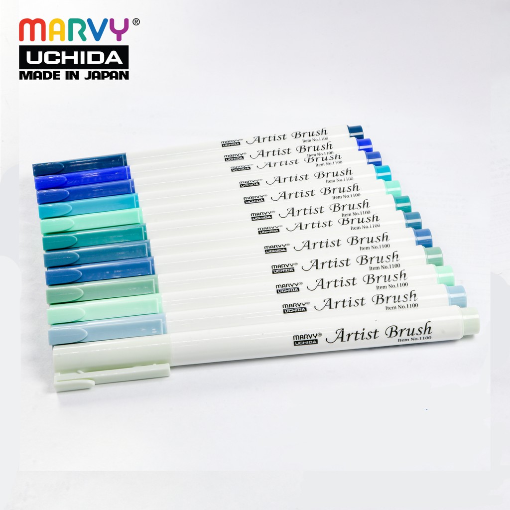 Ảnh Bút lông đầu cọ mềm Marvy Uchida 1100 ( Tone Xanh-xanh lá ) 2
