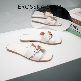 Dép nữ thời trang đế bằng Erosska mũi vuông quai xích ver 2 màu trắng - DE042