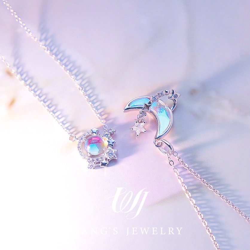[Set 2 ]Bộ Vòng cổ Bằng Bạc Sterling Mặt Trăng Khuyết Lấp Lánh Phong Cách Mới Nhất Dành Cho Gia Đình