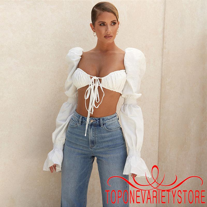Topone-nữ Tay Dài Phồng Flare Màu Trơn Cắt Thấp Băng Mùa Xuân Gợi Cảm Slim Crop Tops