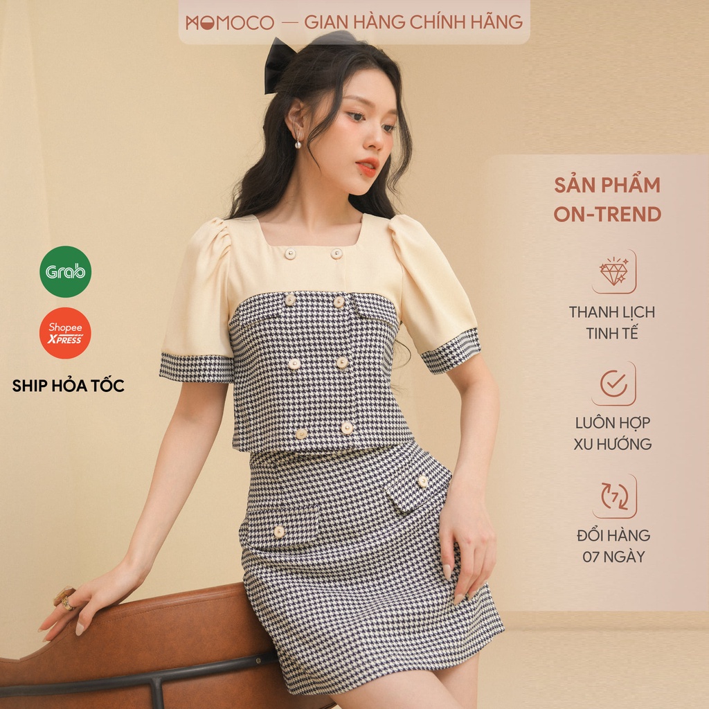 Set Váy Áo Nữ MOMOCO phối màu cổ U họa tiết kẻ én chất liệu tuýt si cao cấp M2890