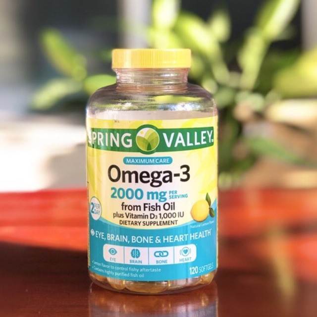 120 viên dầu cá hương chanh spring valley omega 3 2000mg plus vitamin D3  (omega 3 spring valley 2000mg)