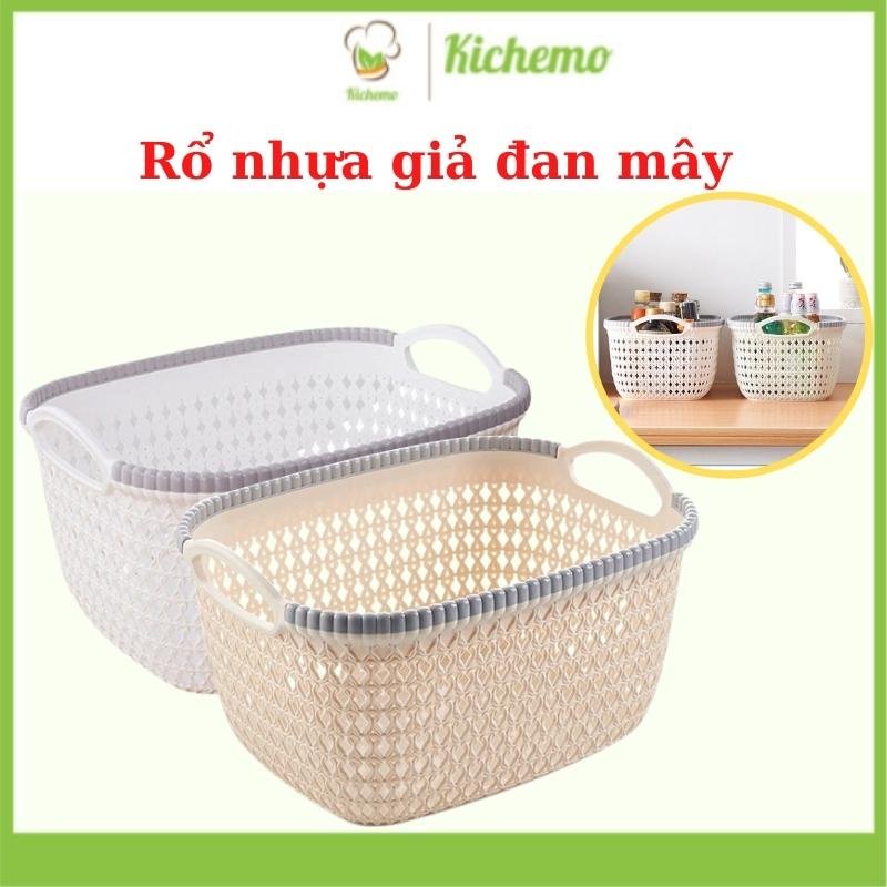 Giỏ nhựa đựng đồ đa năng Rổ nhựa chữ nhật giả đan mây Việt Nhật có quai xách