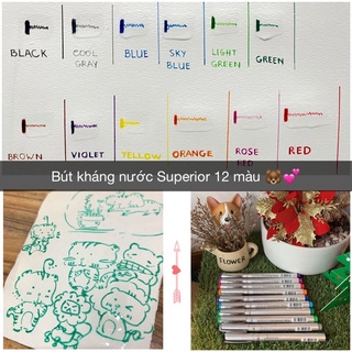 [SUPERIOR] Bút kháng nước 12 màu chọn size 🐻💕 line tranh, viết bài, trang trí,…