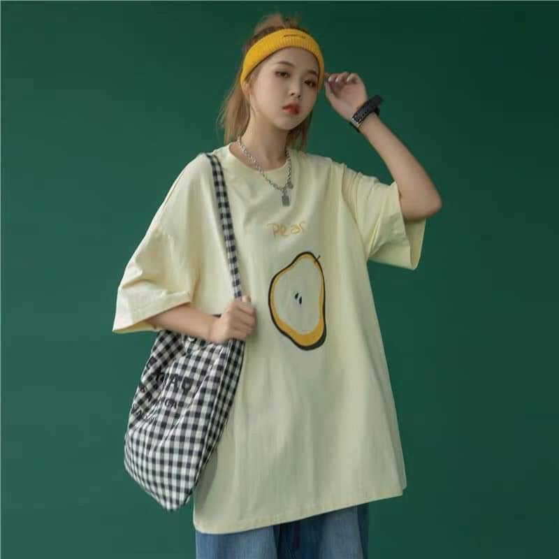Áo thun unisex nữ tay lỡ form rộng họa tiết trái cây freesize màu đỏ xanh lá vàng nhạt - trái cây