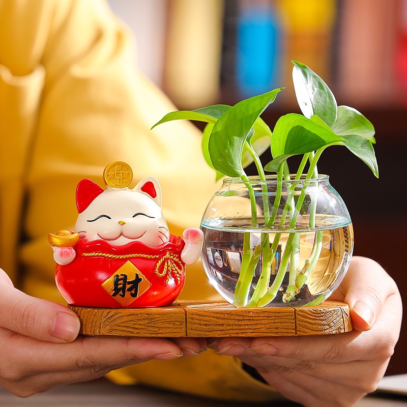 Bộ decor Mèo thần tài may mắn kết hợp cùng bình thủy sinh trang trí nhà, bàn làm việc góc học tập giúp mang lại may mắn