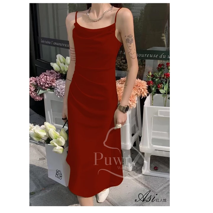 Váy lụa hai dây vạt chéo xếp li eo dự tiệc, prom quyến rũ, bí ẩn, sexy - Puwn Pơ🥑