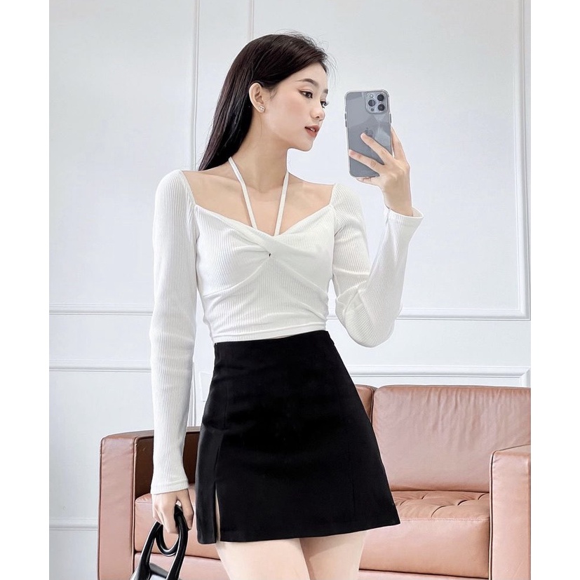 ÁO THUN TAY DÀI NHẤN CỘT DÂY YẾM - MIMI TOP