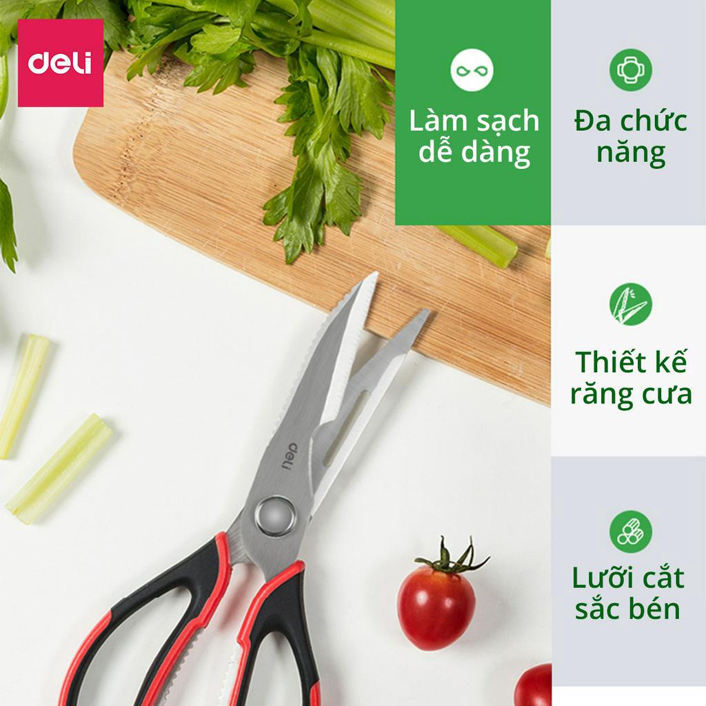 Kéo bếp lưỡi thép không gỉ tháo dời Deli Kéo cắt gà thịt, xương cạo vảy cá, mở nắp chai, kéo đa năng cao cấp - 77770
