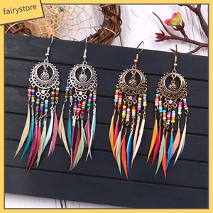 Bông Tai Móc Gắn Lông Vũ Phong Cách Bohemian Dành Cho Nữ