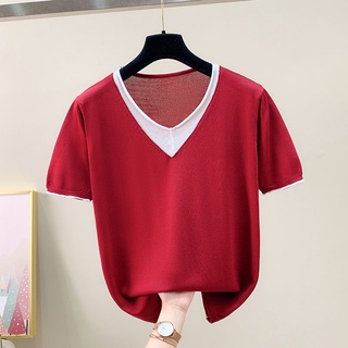 Quần áo nữ ngắn tay ngắn 2022 Quần áo nữ mùa hè hợp thời trang Ice Silk Phong cách phương Tây Áo dệt kim dáng rộng phiên bản ngắn Áo thun nữ hàng đầu