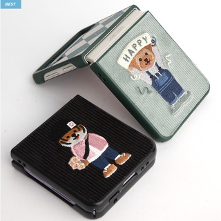 Design Skin / Galaxy Z Flip 4 Flip 3 Corduroy Embroidery Friends Party Phone Case argyle pattern checkered bear puppy bichon blue violet purple green black tiger flip4 fabric