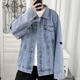 Áo Khoác Jeans Nam Nữ Denim Jacket hàn quốc trơn rách tay màu xanh