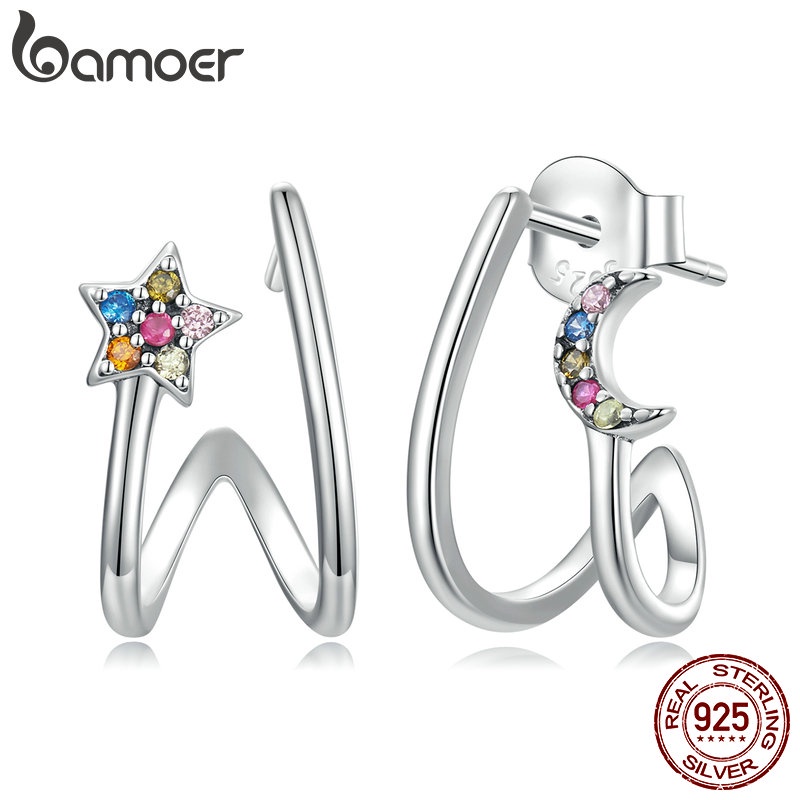 BAMOER Bông Tai Bạc 925 Hình Mặt Trăng Ngôi Sao Thời Trang Cho Nữ