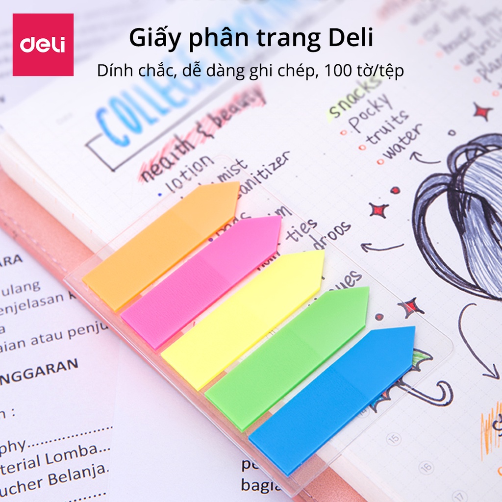 Giấy Phân Trang Deli - Tệp 100 Tờ Giấy Nhớ Đánh Dấu Trang Dạng Dài Nhiều Màu Sắc Tiện Lợi Đa Năng Học Sinh Văn Phòng