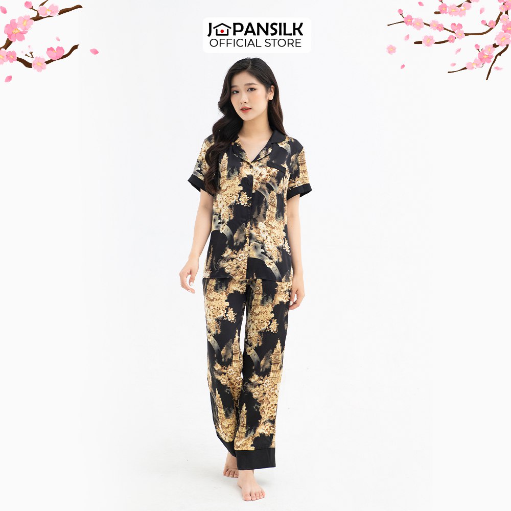 Ảnh Bộ đồ ngủ Bigsize Pijama lụa Nhật cao cấp JAPANSILK, ngắn tay quần dài màu sắc tối giản tôn dáng 1