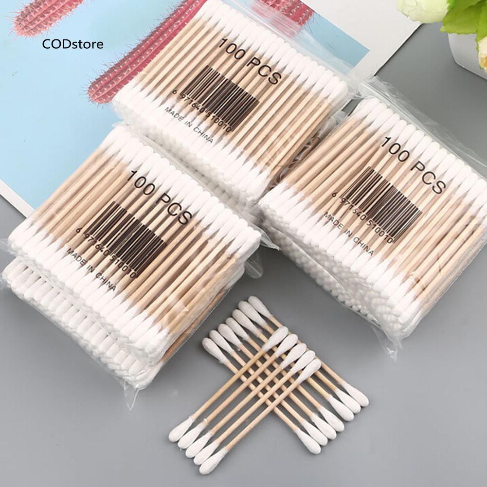 [Hàng mới về] Set 100 tăm bông thân gỗ dùng hai đầu hỗ trợ làm sạch trang điểm