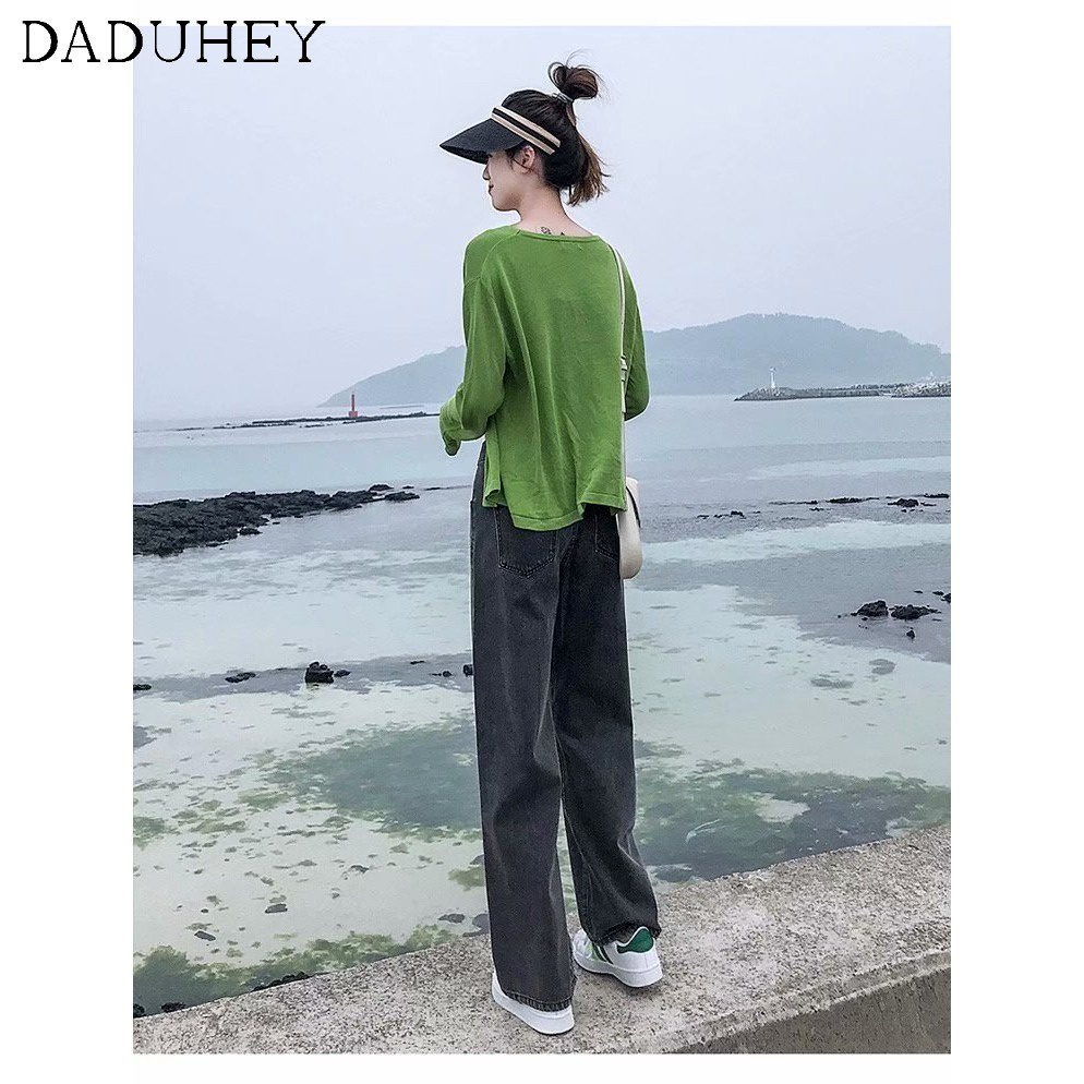 Ảnh Quần jeans dài daduhey vải denim ống rộng lưng cao có thể điều chỉnh được thời trang dành cho nữ (có thắt lưng) 4
