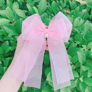 Kẹp tóc voan nơ đính ngọc trai giả handmade