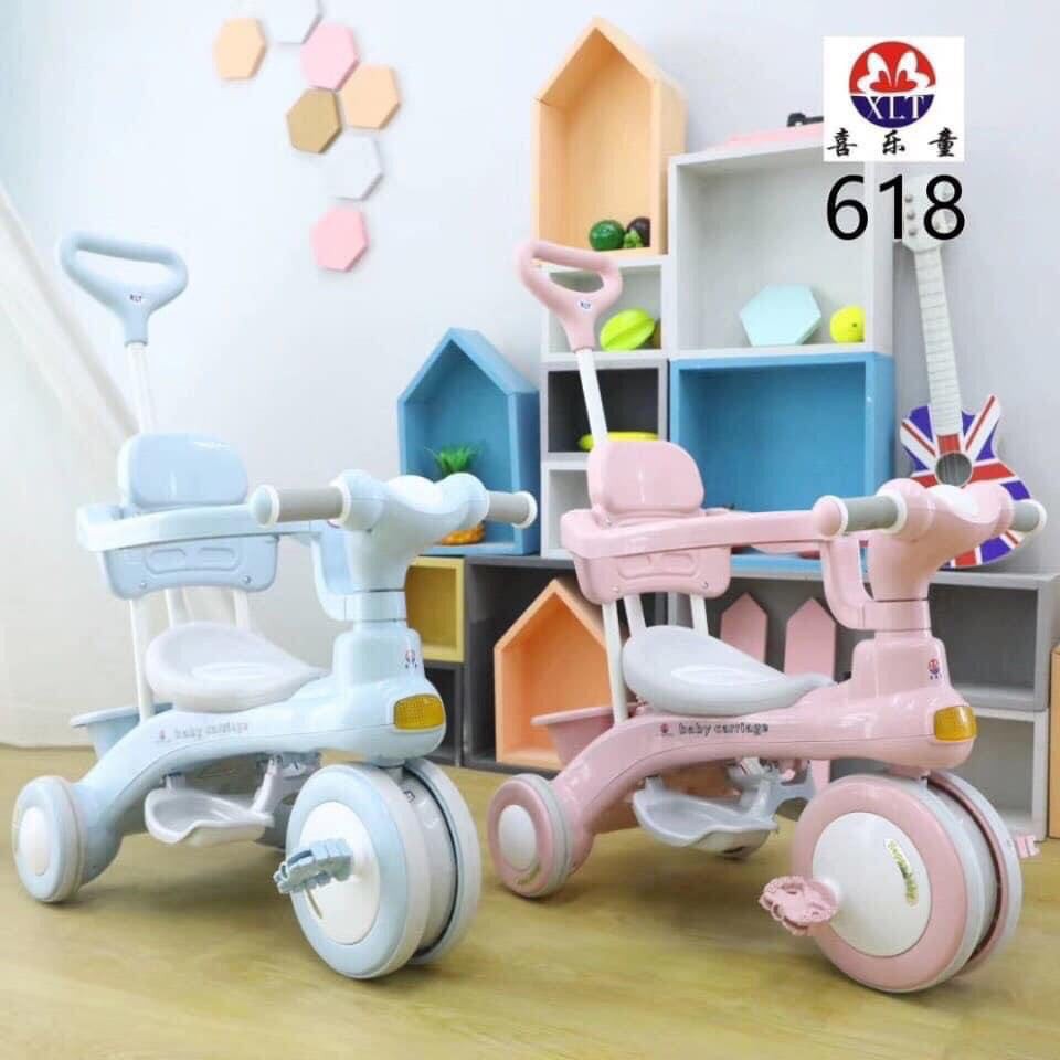 Xe đạp 3 bánh có cần đẩy có nhạc đèn 618 Baby carriage - XE ĐẠP 3 BÁNH CÓ CẦN ĐẨY  618 CHO BÉ