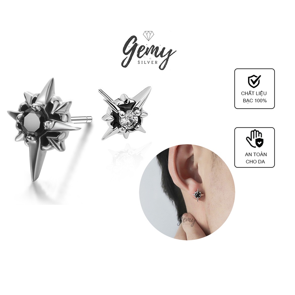 Khuyên tai nam nữ bạc 925 đính đá đen Dark King cá tính  unisex (1 chiếc) | GEMY SILVER KN32