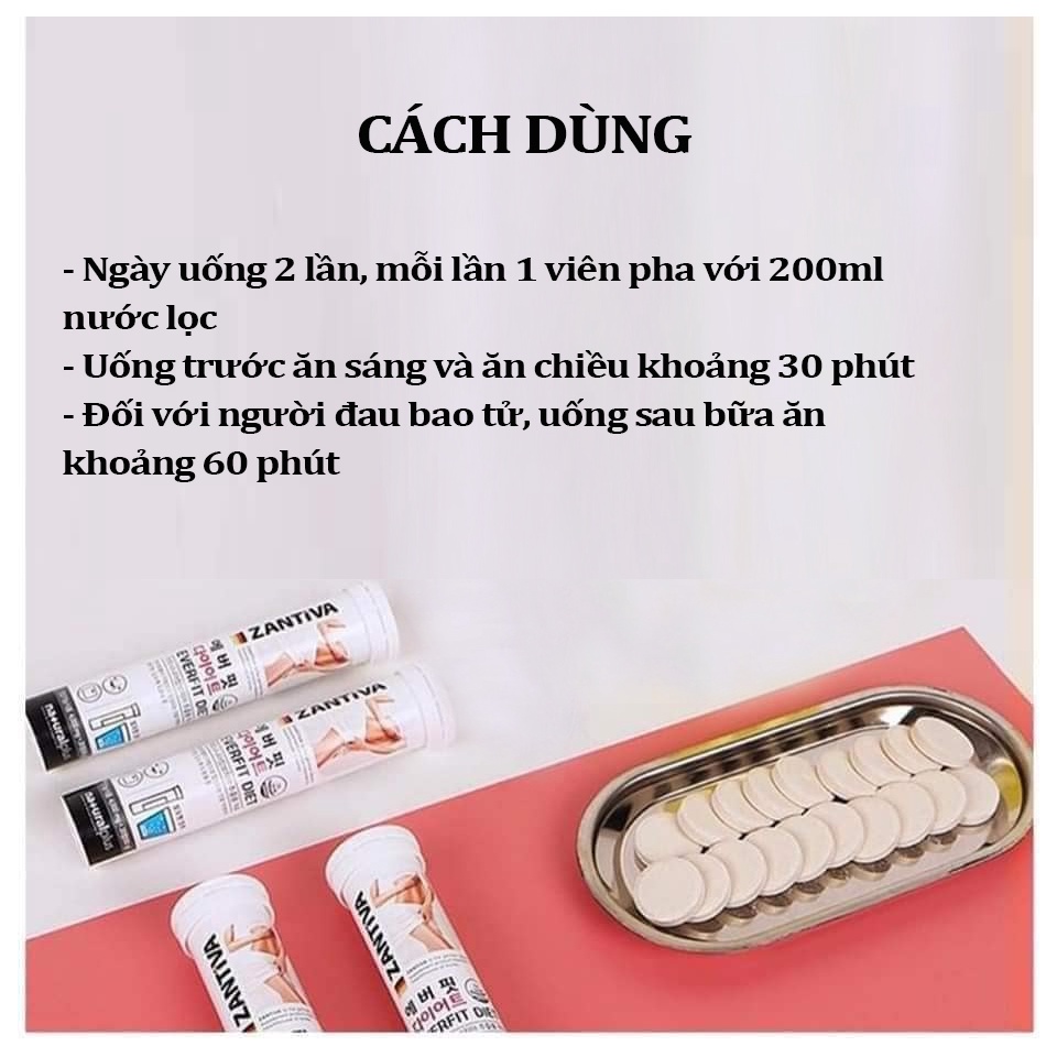 Viên sủi giảm cân Zantiva - Everfit Diet, Eo thon dáng đẹp giảm mỡ bụng, lọ 20 viên xuất xứ từ Đức