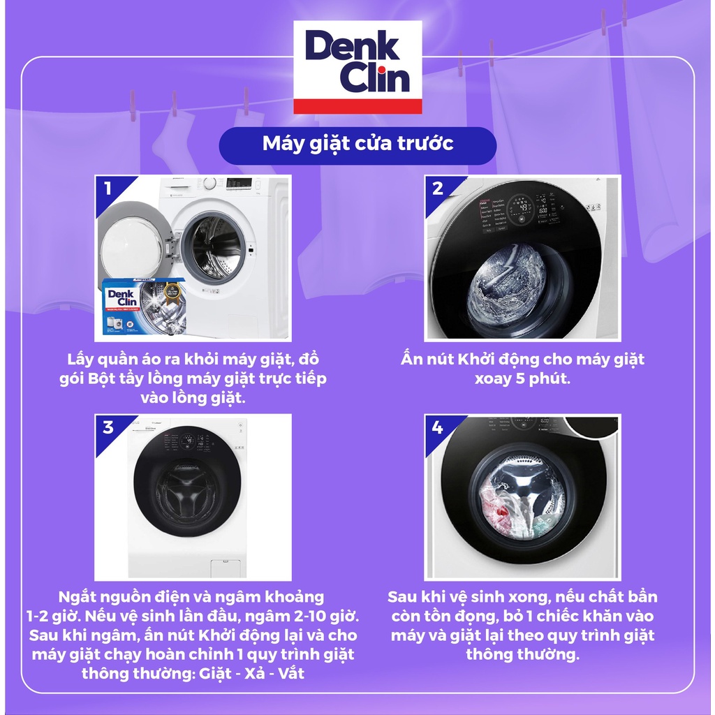 Bột tẩy lồng máy giặt Denkclin 100gr diệt khuẩn khử mùi khử khuẩn không hại máy