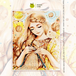 Tranh tô màu số hóa Madoca có khung 40x50cm Tóc Mây đan len T509